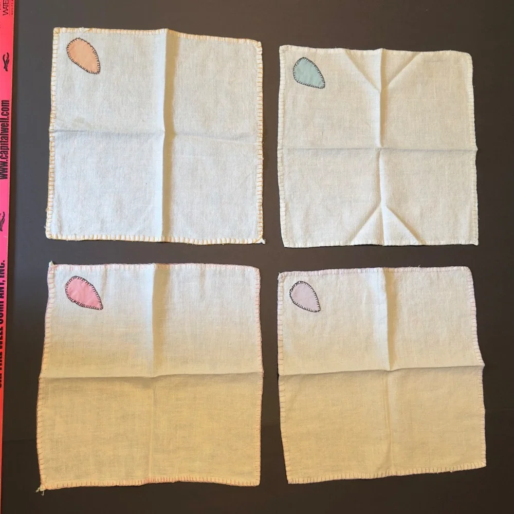 Vintage Tablecloth 30x30 & Napkin Set White Pastel Applique Floral Linen 5pc Set